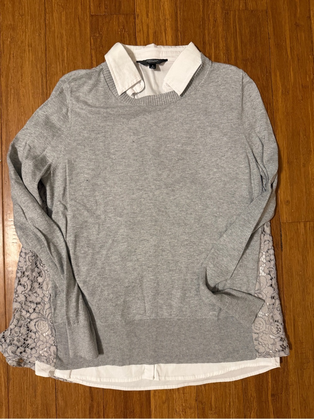 Simply Vera Vera Wang Light Gray Crewneck Sweater with Lace-Trim